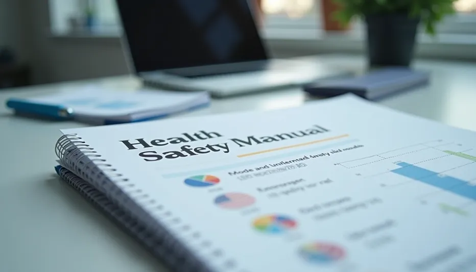 A health and safety manual on an office desk